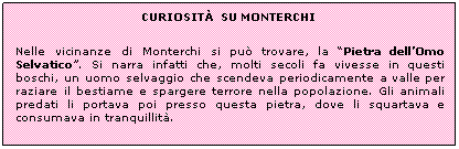 Casella di testo: CURIOSITẢ SU MONTERCHI
Nelle vicinanze di Monterchi si può trovare, la “Pietra dell’Omo Selvatico”. Si narra infatti che, molti secoli fa vivesse in questi boschi, un uomo selvaggio che scendeva periodicamente a valle per raziare il bestiame e spargere terrore nella popolazione. Gli animali predati li portava poi presso questa pietra, dove li squartava e consumava in tranquillità.